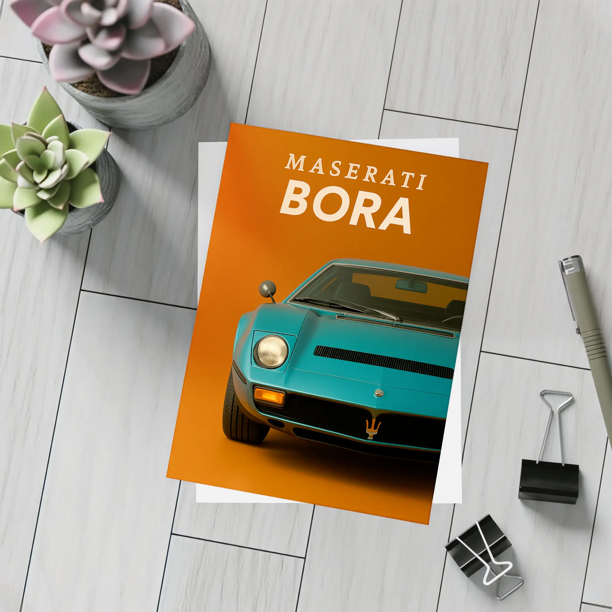 Maserati Bora Classic Car Orange Background – Postcards