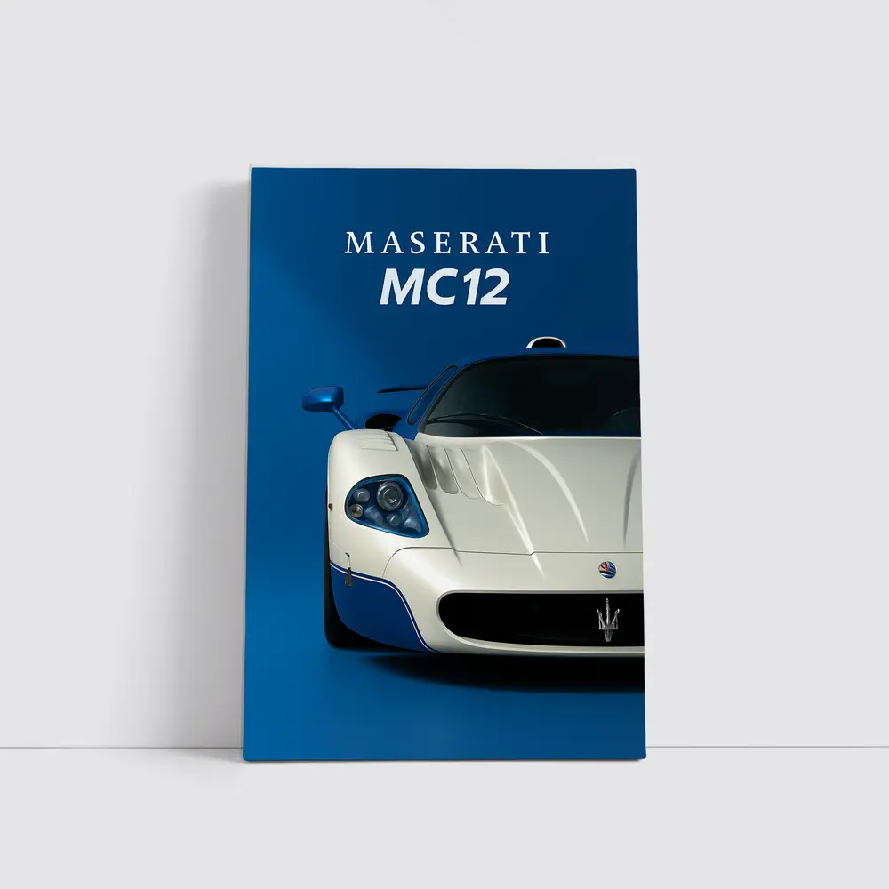 Maserati MC12 White Blue Background Art – Wall Art