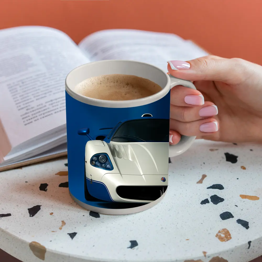 Maserati MC12 White Blue Background Art – Mugs