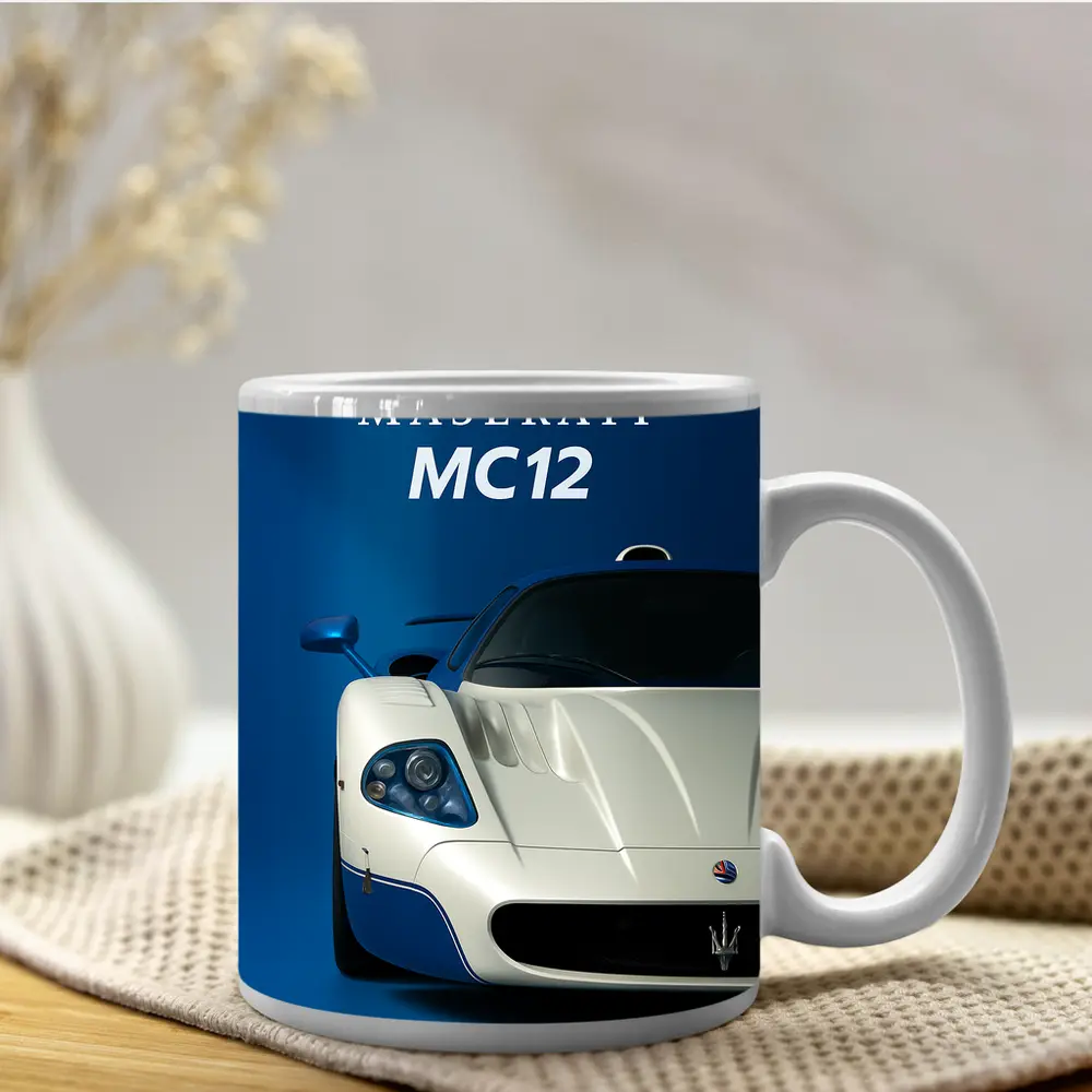 Maserati MC12 White Blue Background Art – Mugs