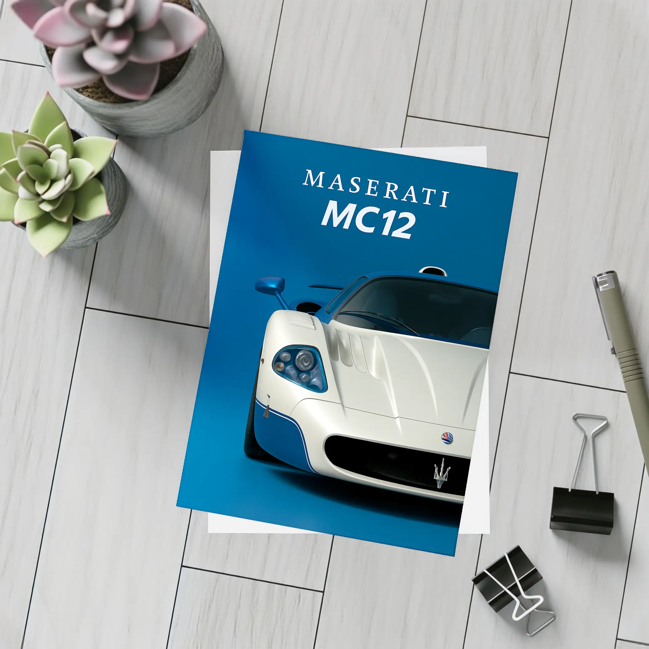 Maserati MC12 White Blue Background Art – Postcards