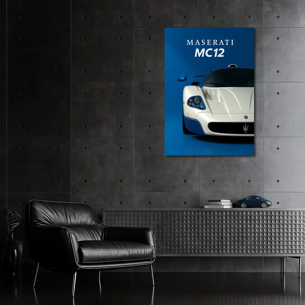 Maserati MC12 White Blue Background Art – Wall Art
