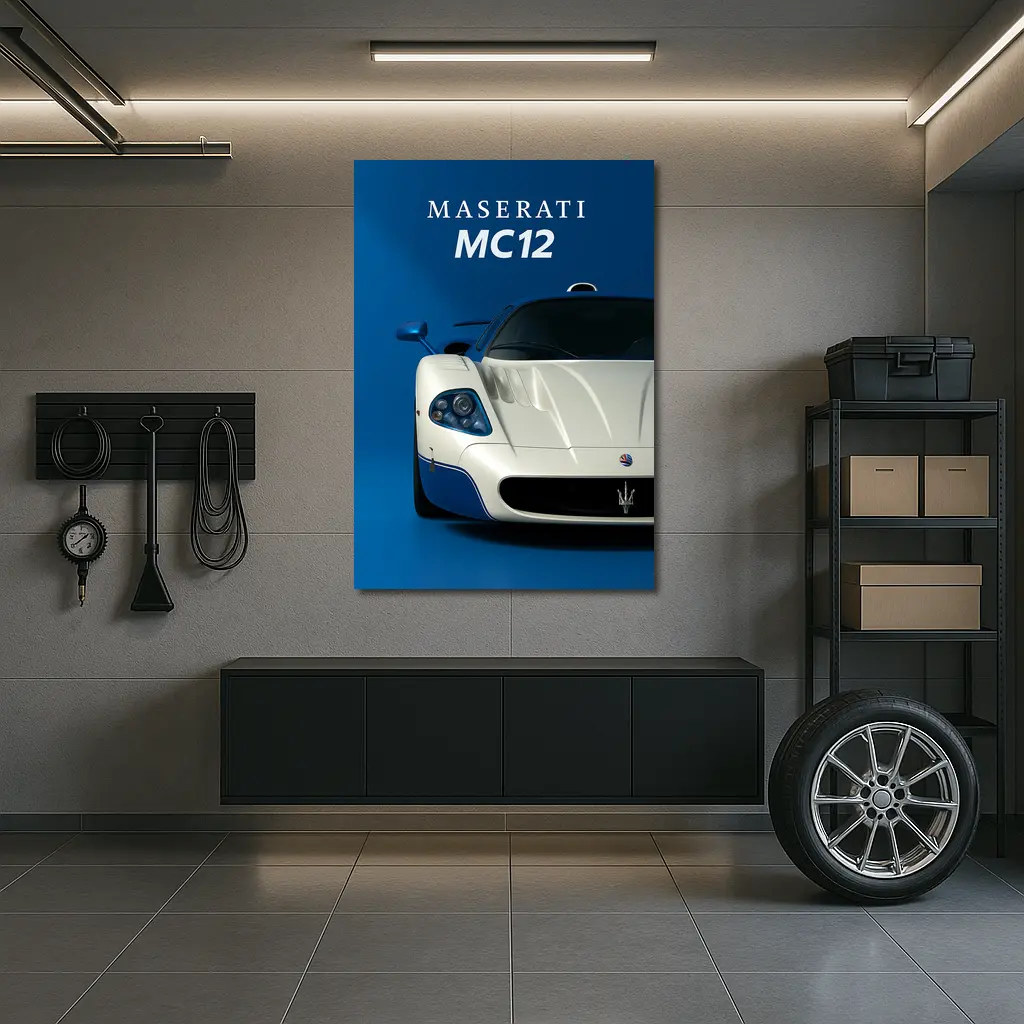 Maserati MC12 White Blue Background Art – Wall Art