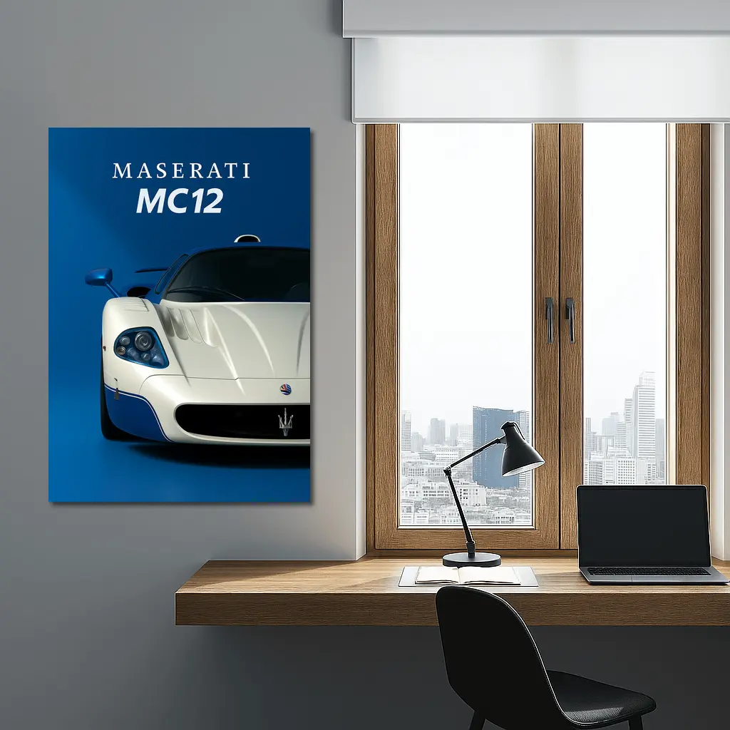 Maserati MC12 White Blue Background Art – Wall Art