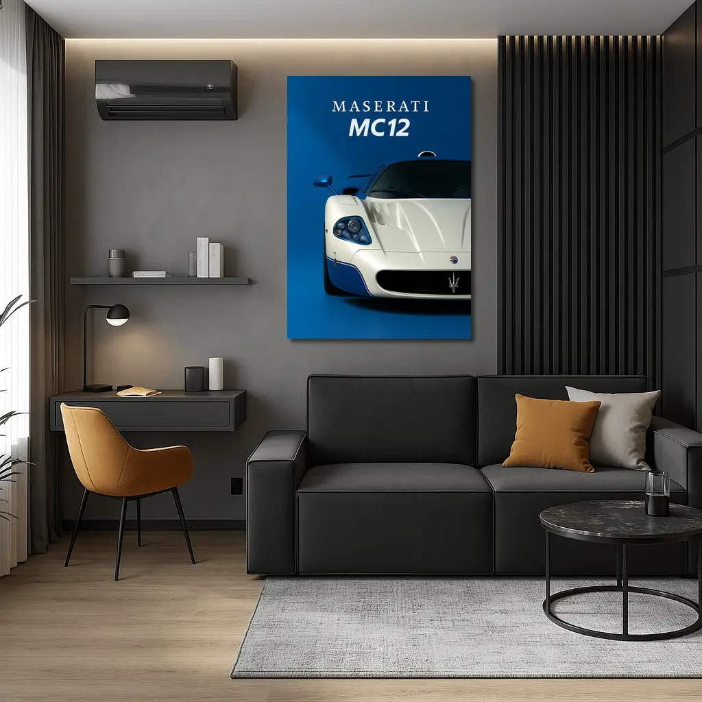 Maserati MC12 White Blue Background Art – Wall Art