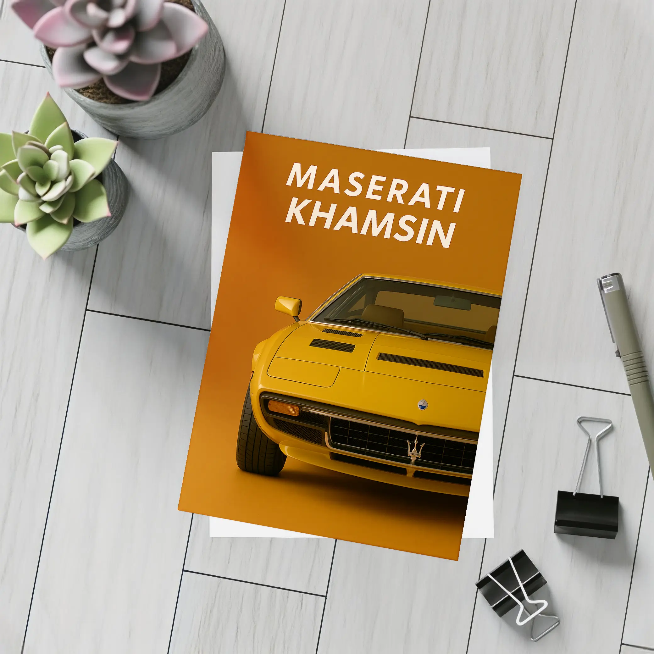 Maserati Khamsin Yellow Classic Car Art – Postcards