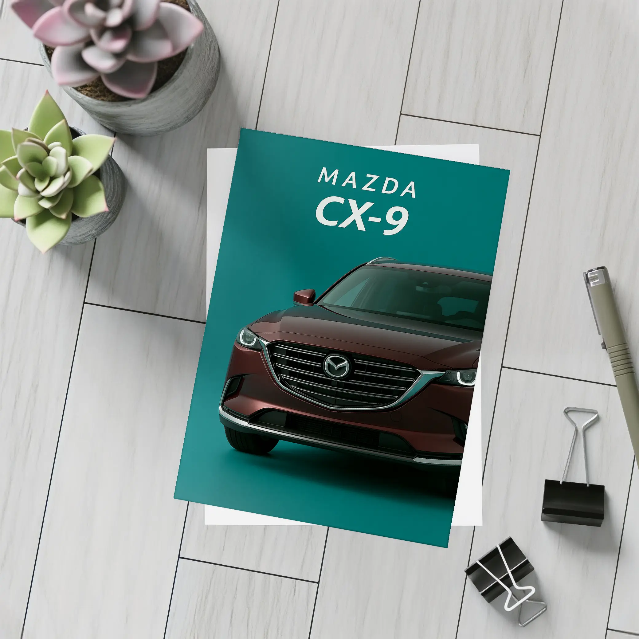Mazda CX Nine Deep Red Teal Background – Postcards