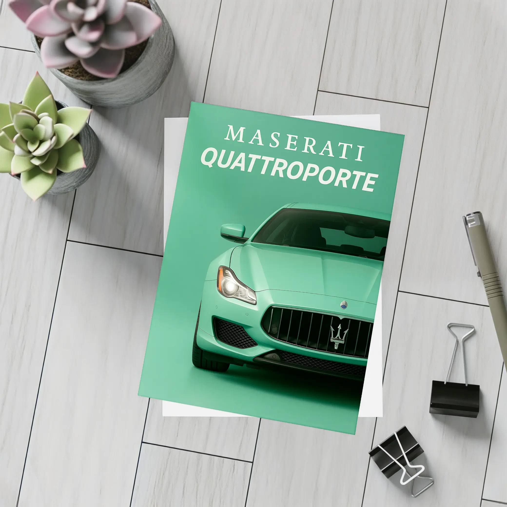 Maserati Quattroporte Mint Green Front View – Postcards