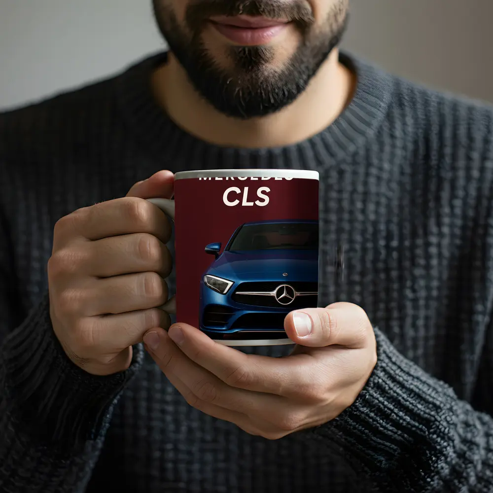 Mercedes CLS Blue Car Dark Red Background – Mugs