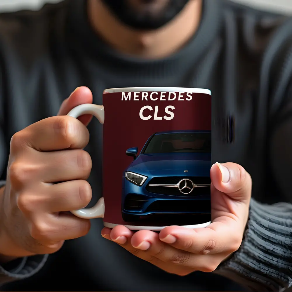 Mercedes CLS Blue Car Dark Red Background – Mugs