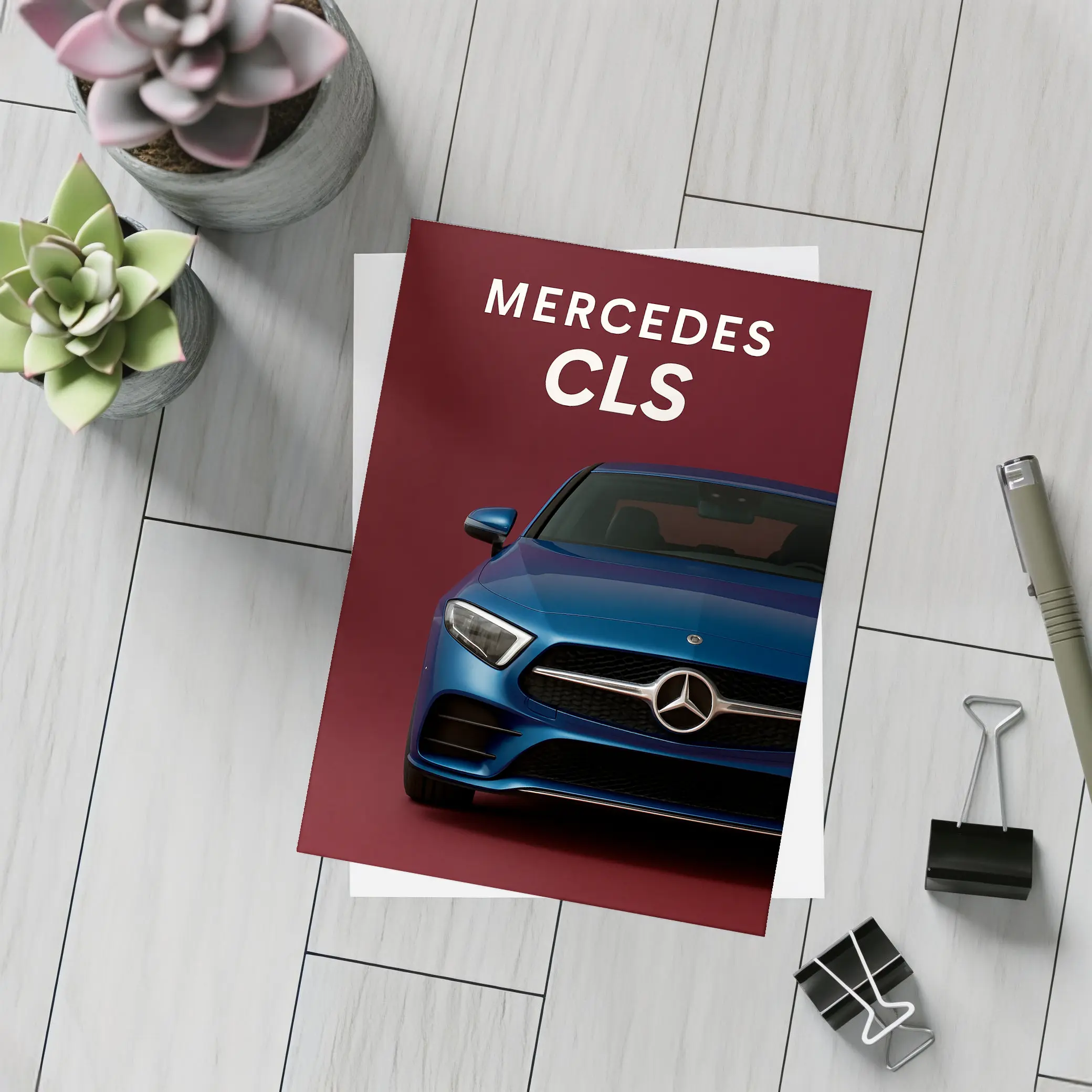 Mercedes CLS Blue Car Dark Red Background – Postcards