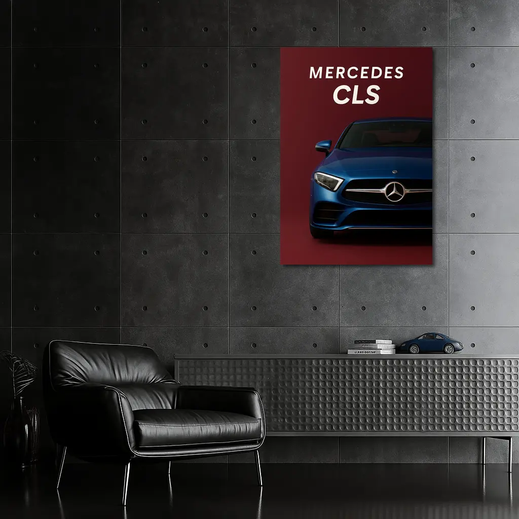 Mercedes CLS Blue Car Dark Red Background – Wall Art