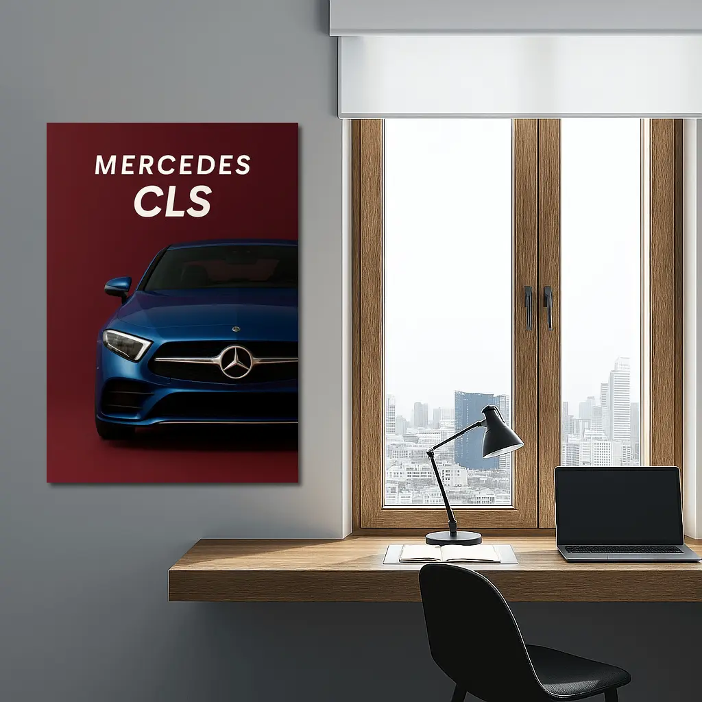 Mercedes CLS Blue Car Dark Red Background – Wall Art