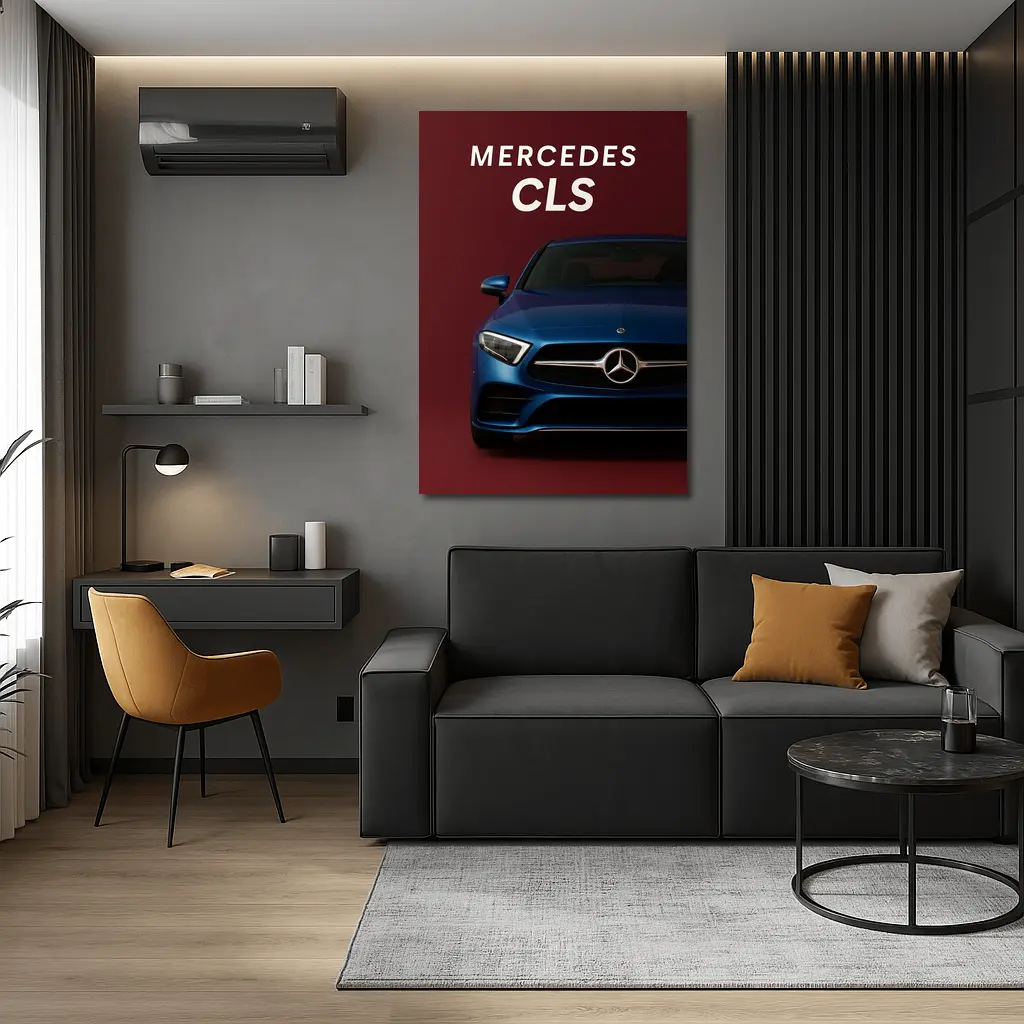 Mercedes CLS Blue Car Dark Red Background – Wall Art