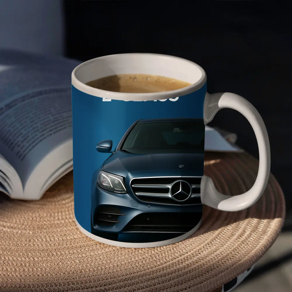 Mercedes E-Class Front View Blue Background – Mugs