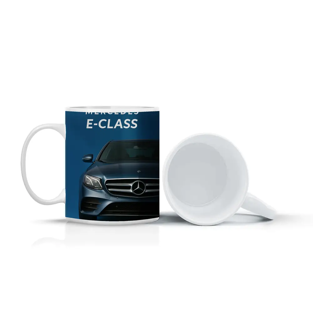 Mercedes E-Class Front View Blue Background – Mugs