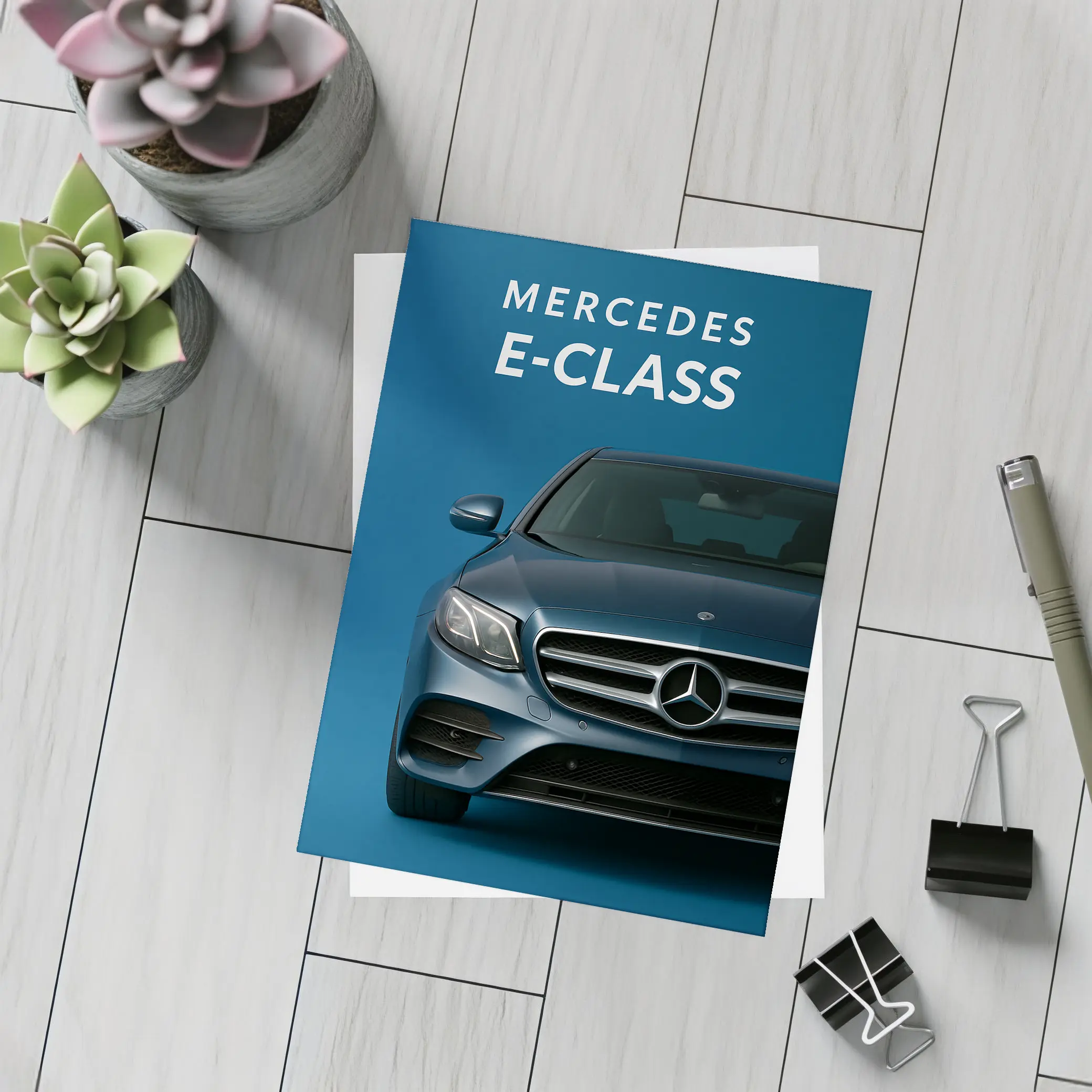 Mercedes E-Class Front View Blue Background – Postcards