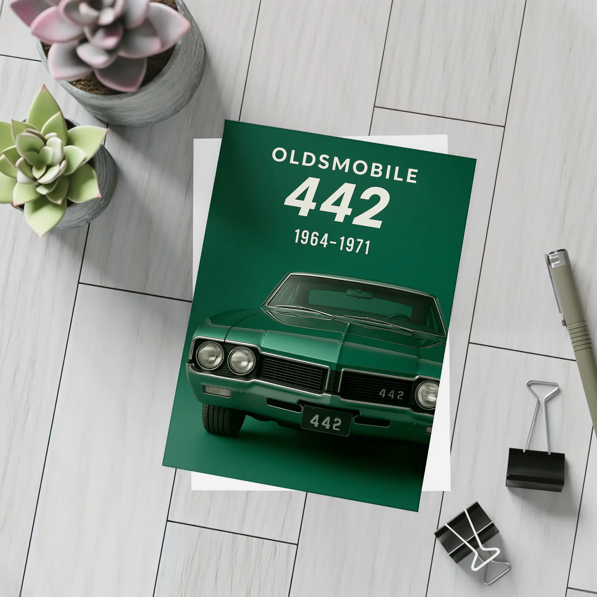 Oldsmobile 442 Muscle Car Green Background – Postcards