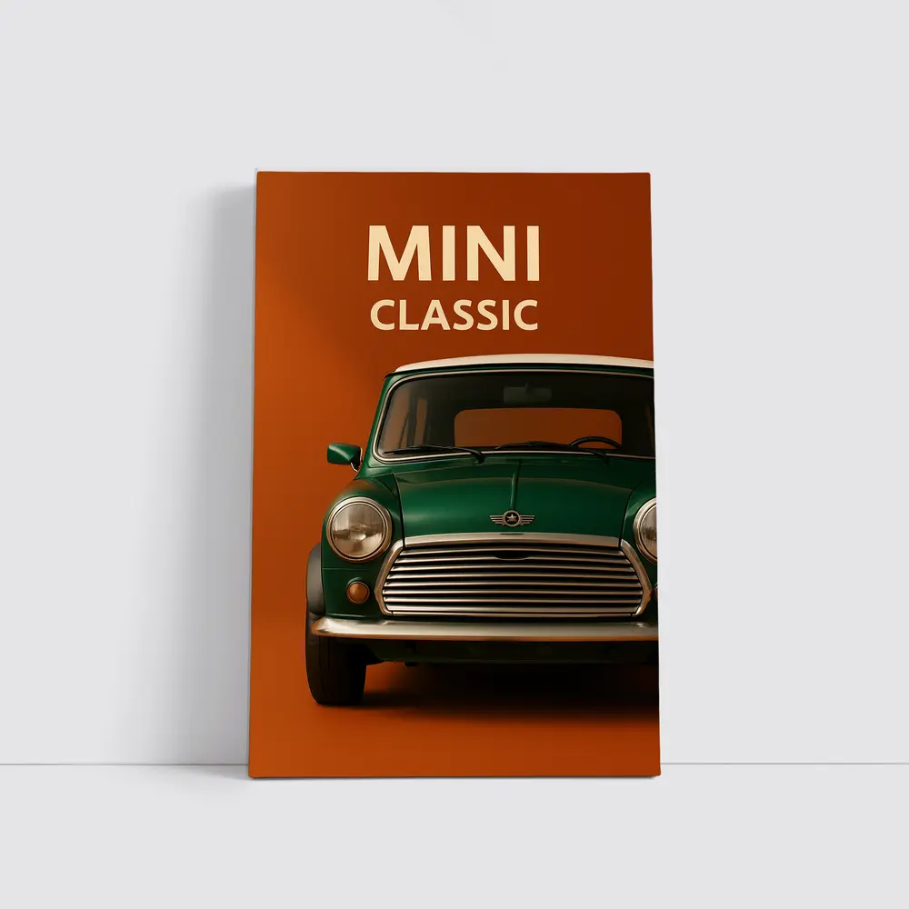 Classic Mini Car Green On Orange Background – Wall Art