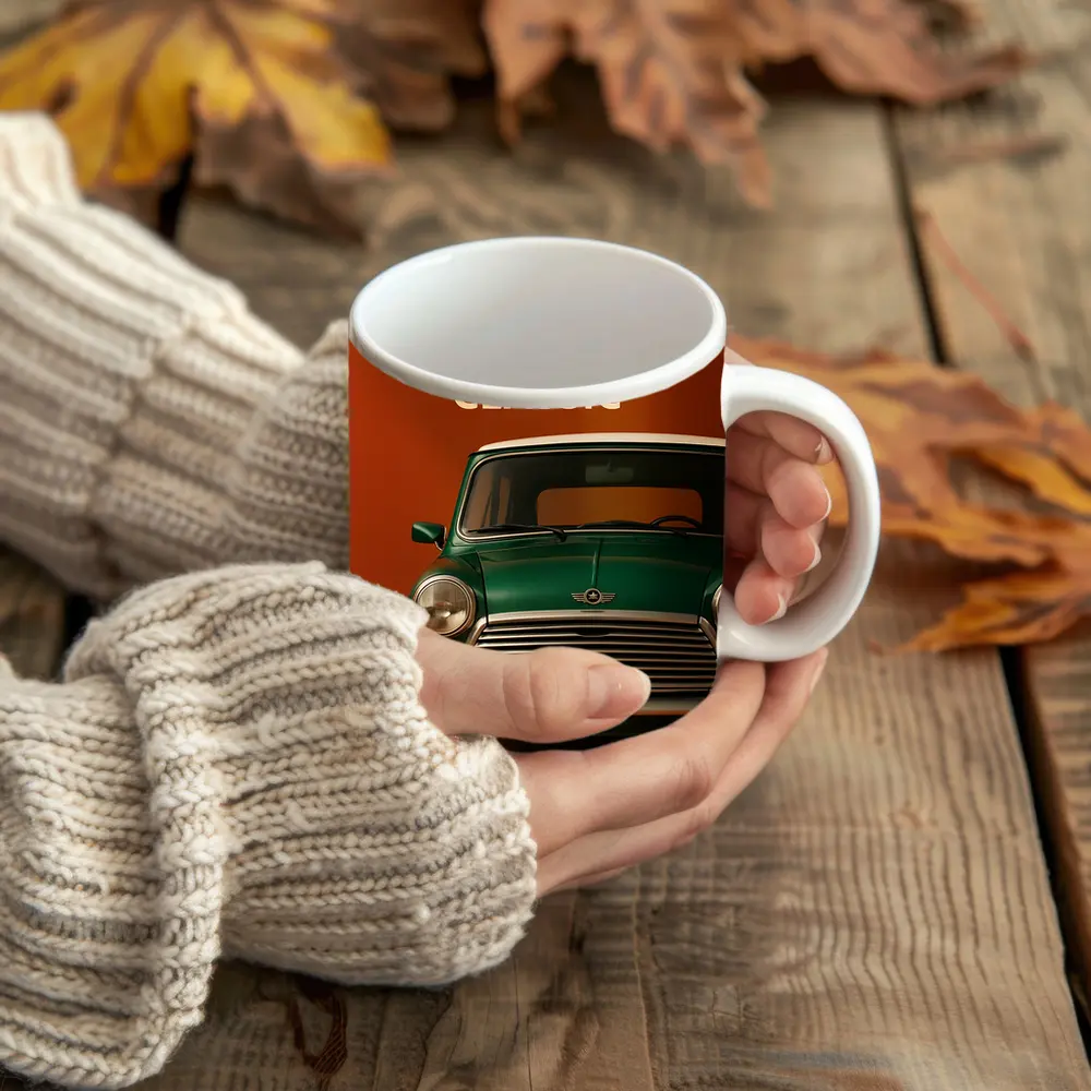 Classic Mini Car Green On Orange Background – Mugs
