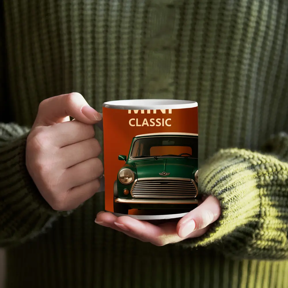Classic Mini Car Green On Orange Background – Mugs