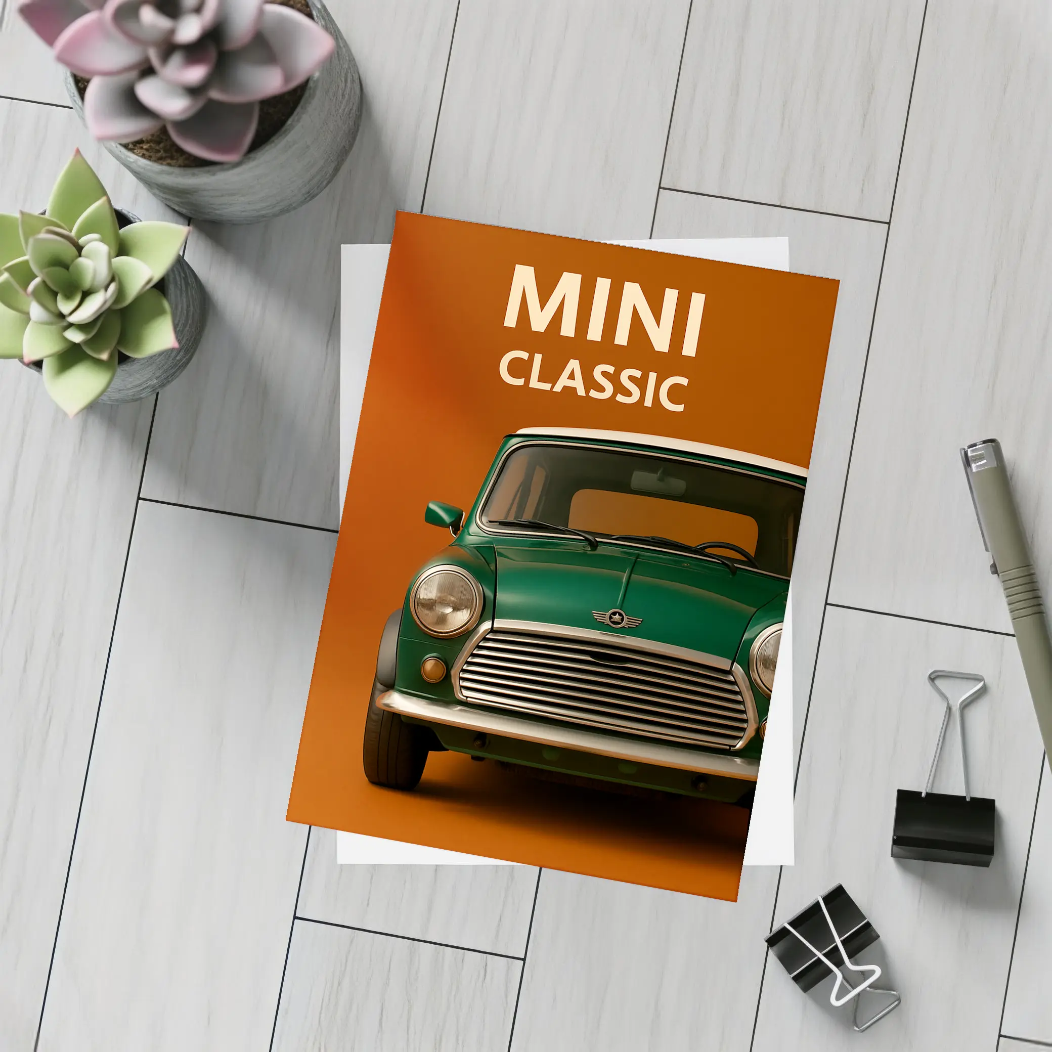 Classic Mini Car Green On Orange Background – Postcards