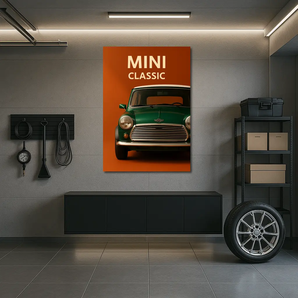Classic Mini Car Green On Orange Background – Wall Art