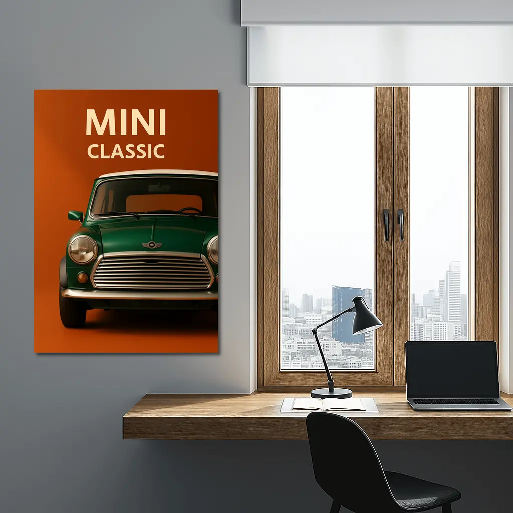 Classic Mini Car Green On Orange Background – Wall Art