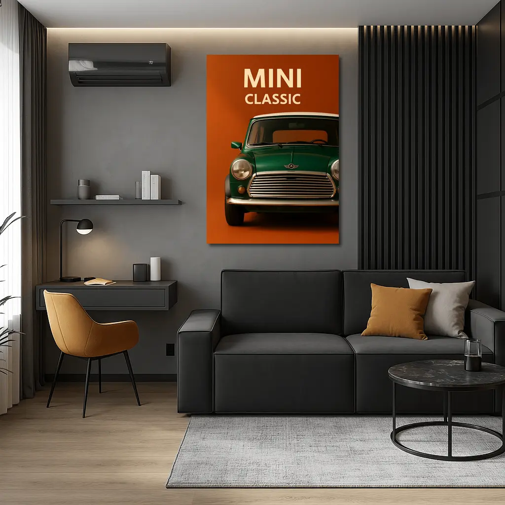 Classic Mini Car Green On Orange Background – Wall Art