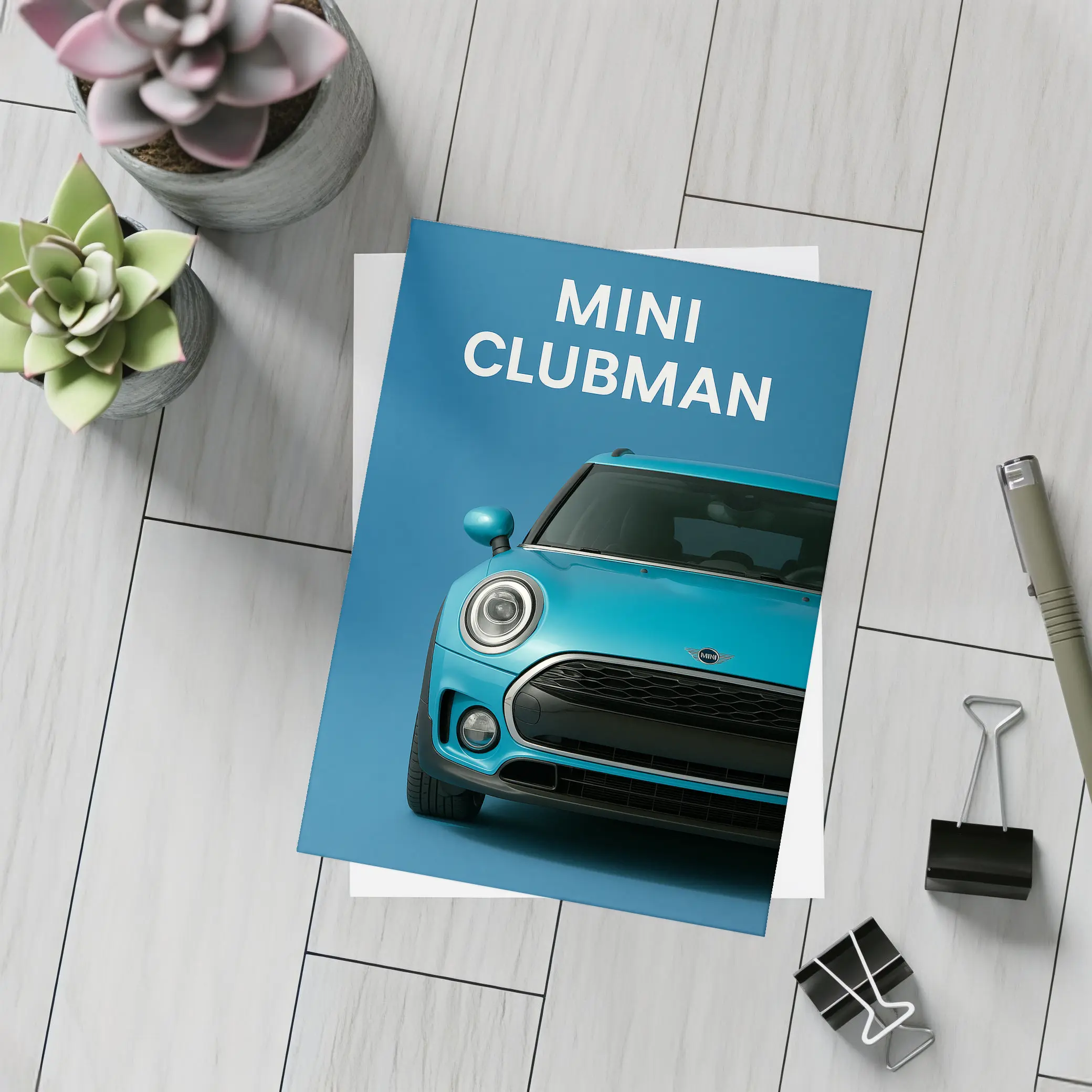 Mini Clubman Blue Car Front View – Postcards
