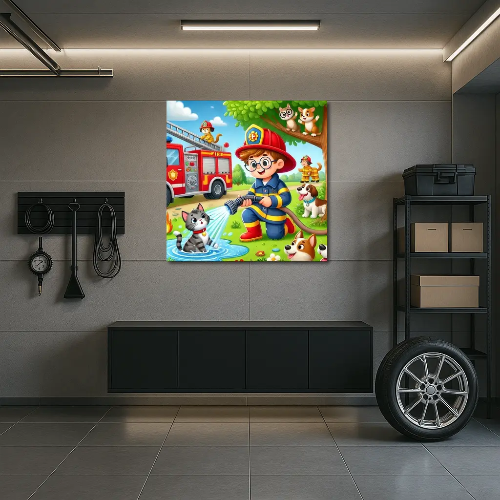 Kid Firefighter Cartoon Dogs Cats Fire Truck – Wall Art