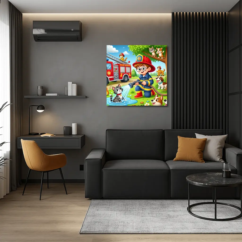 Kid Firefighter Cartoon Dogs Cats Fire Truck – Wall Art