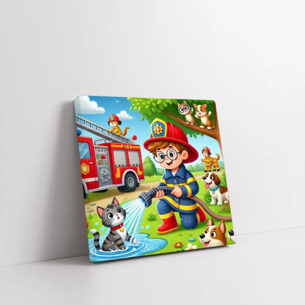 Kid Firefighter Cartoon Dogs Cats Fire Truck – Wall Art