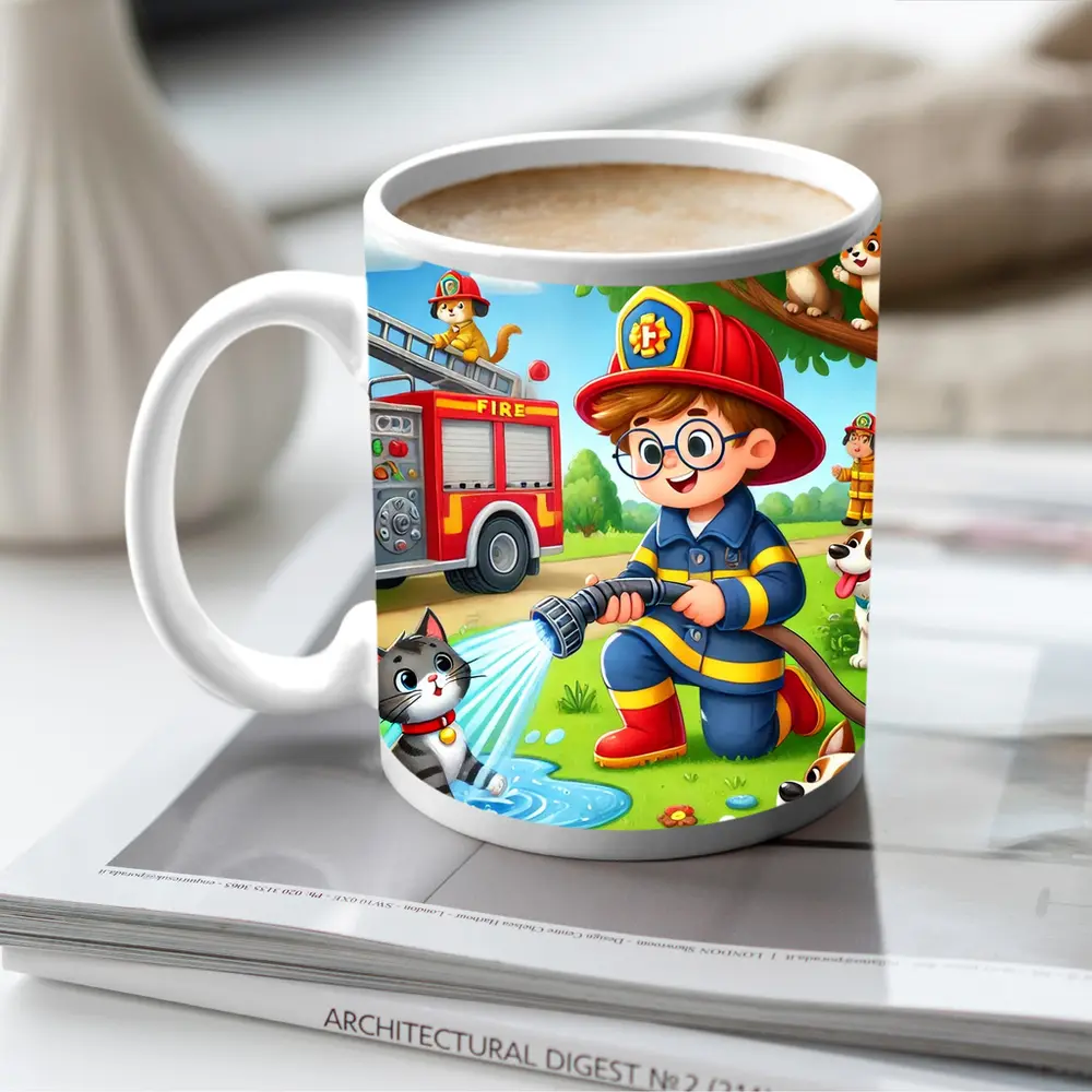 Kid Firefighter Cartoon Dogs Cats Fire Truck – Mugs