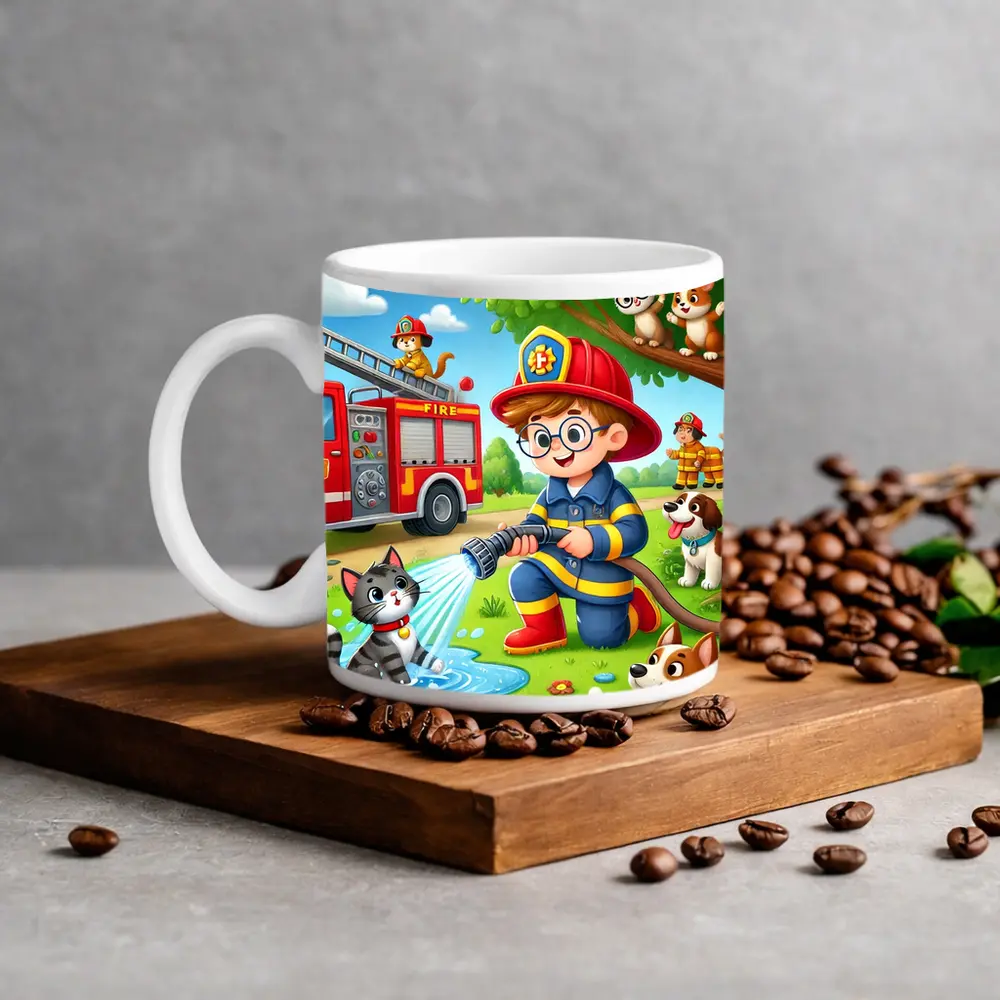 Kid Firefighter Cartoon Dogs Cats Fire Truck – Mugs