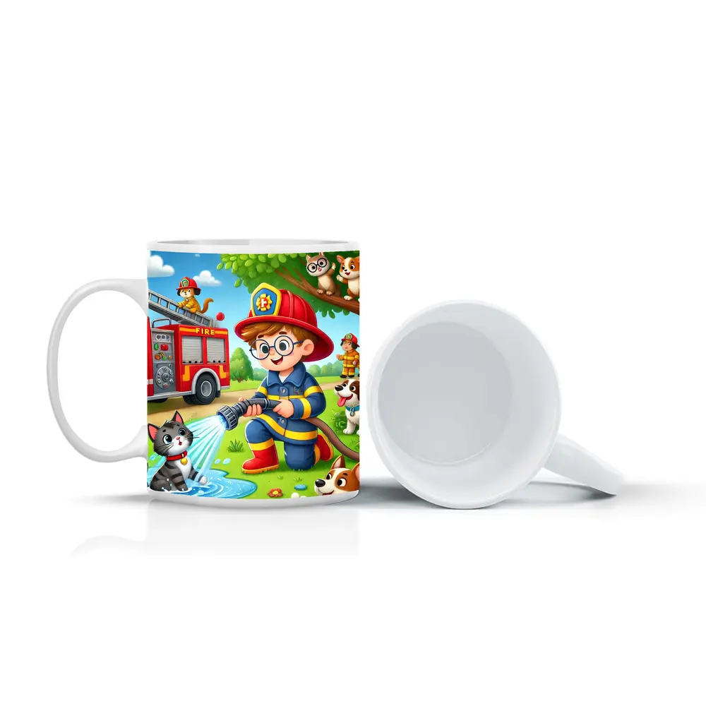 Kid Firefighter Cartoon Dogs Cats Fire Truck – Mugs