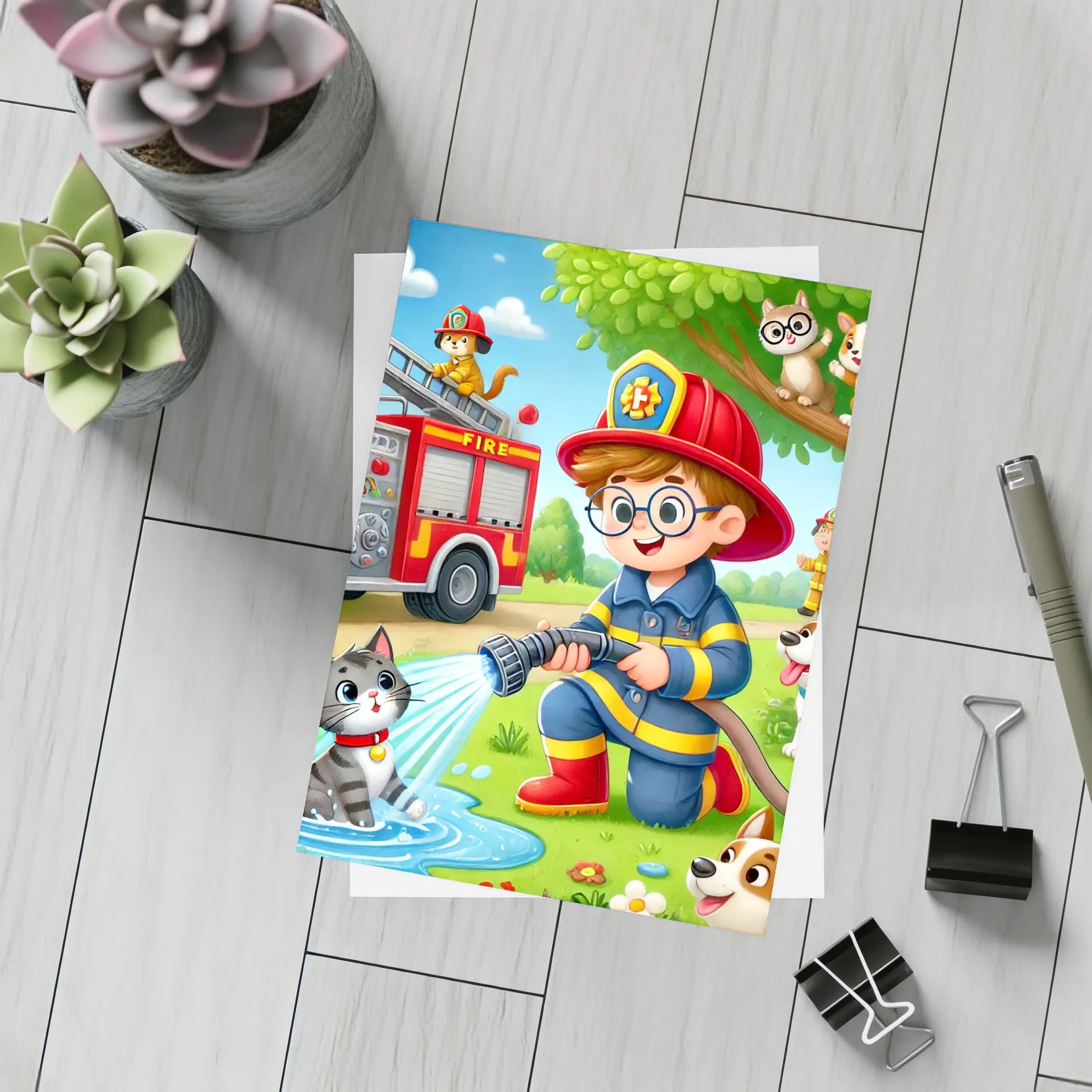 Kid Firefighter Cartoon Dogs Cats Fire Truck – Postcards