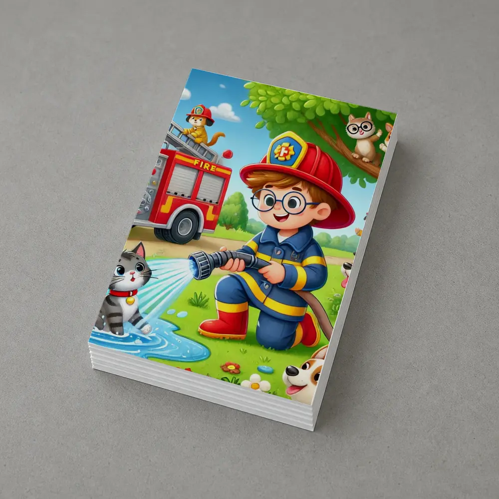 Kid Firefighter Cartoon Dogs Cats Fire Truck – Postcards