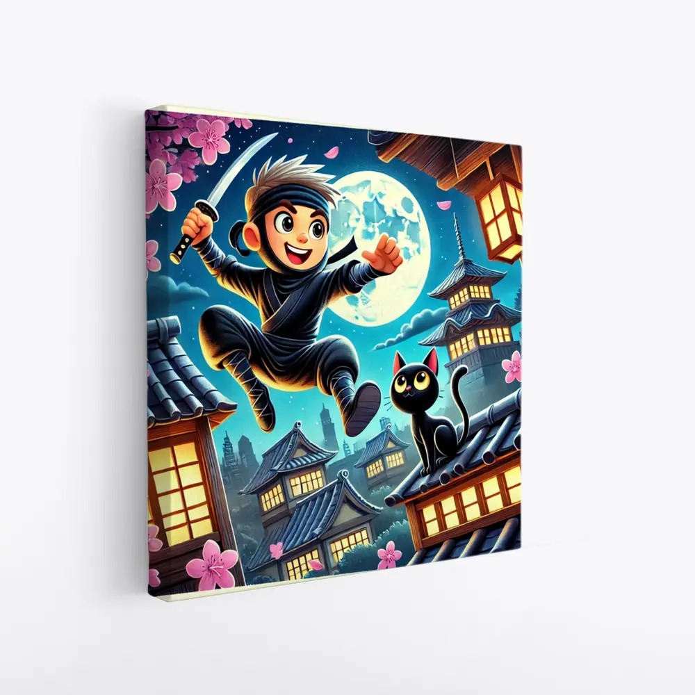 Cartoon Ninja Boy Jumping Over Japanese Rooftops