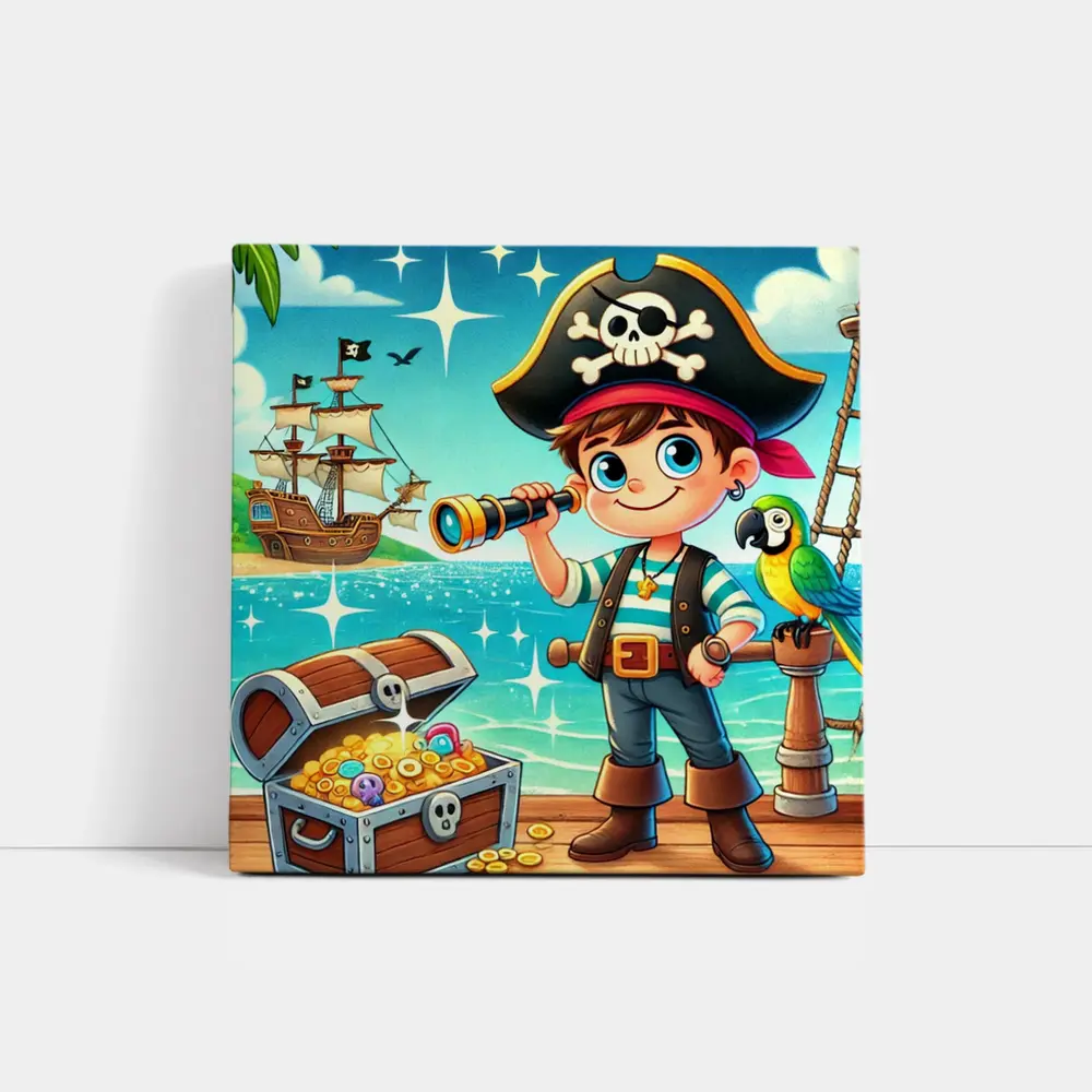 Cartoon Pirate Boy With Treasure Chest Ship – Wall Art