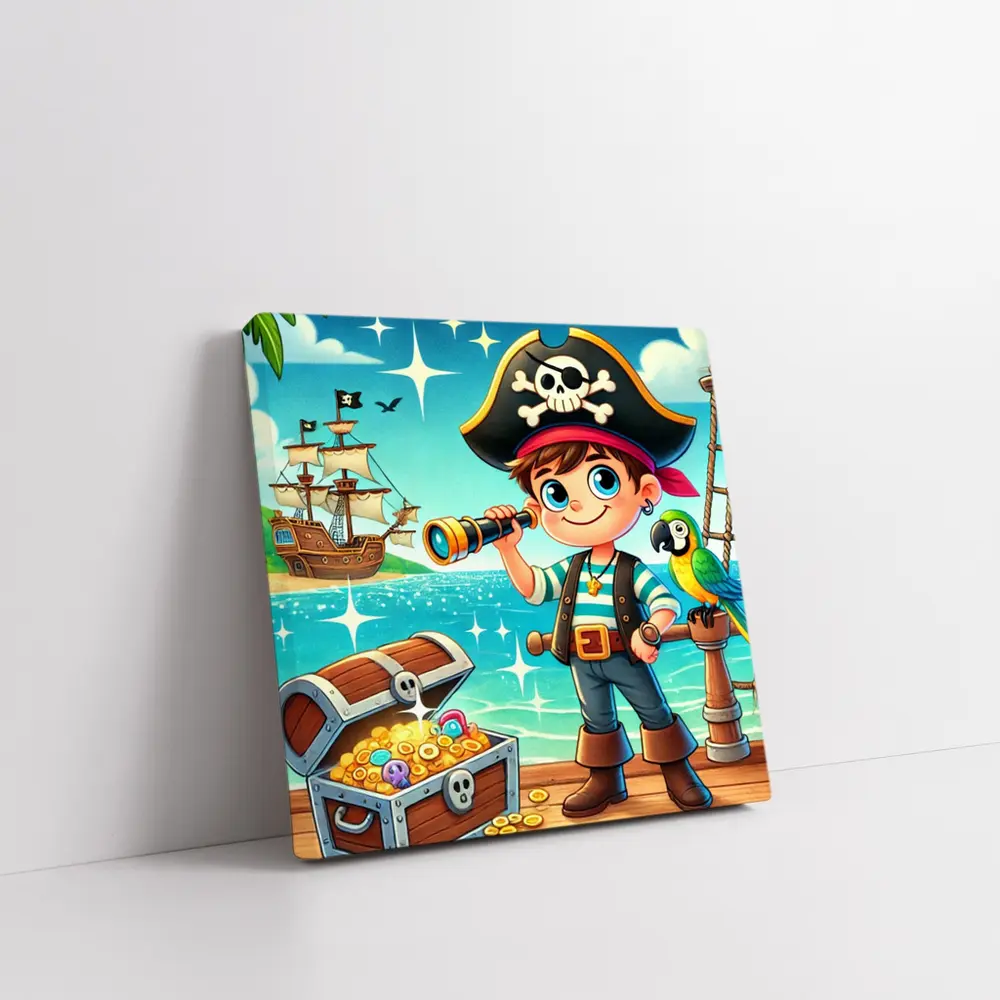 Cartoon Pirate Boy With Treasure Chest Ship – Wall Art