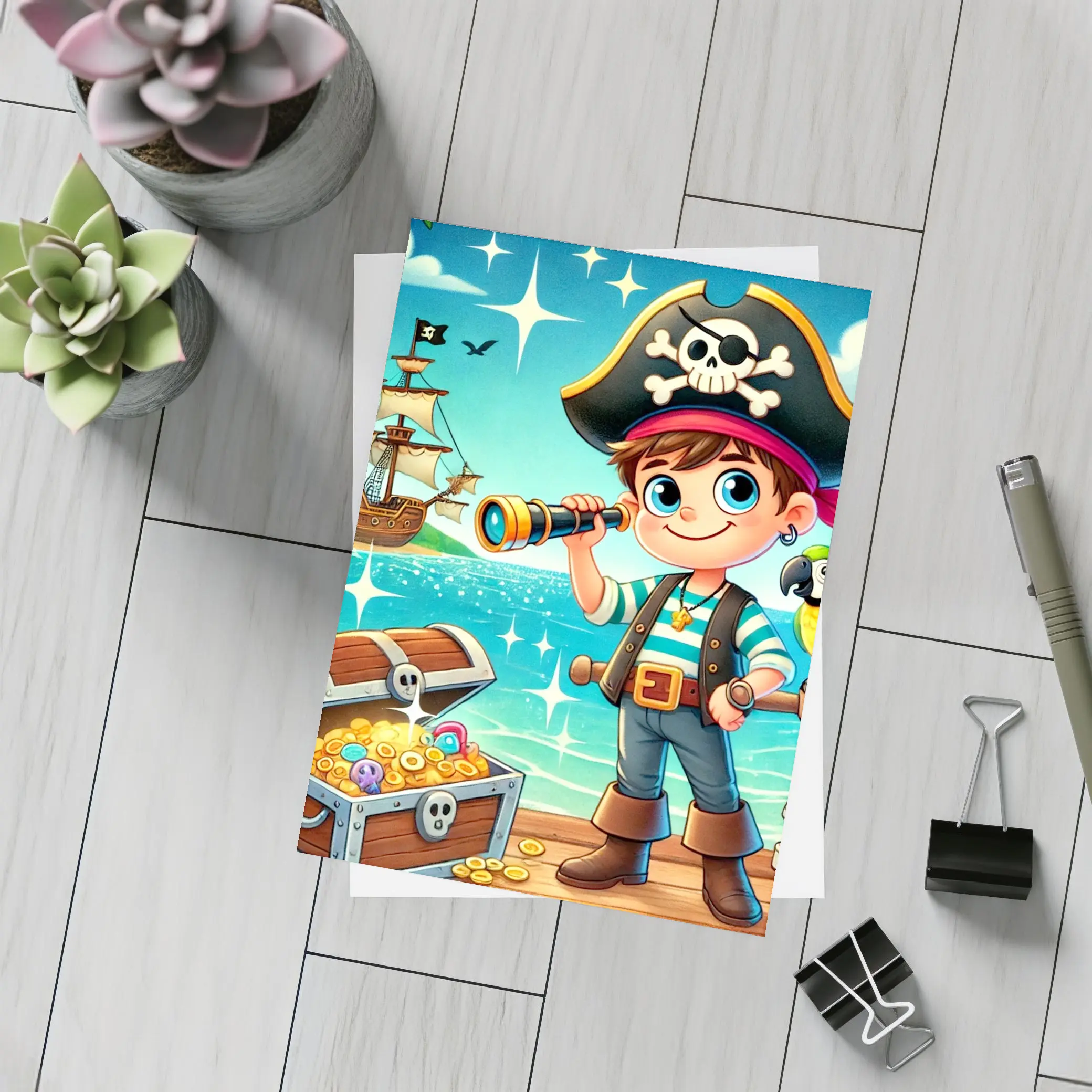 Cartoon Pirate Boy With Treasure Chest Ship – Postcards