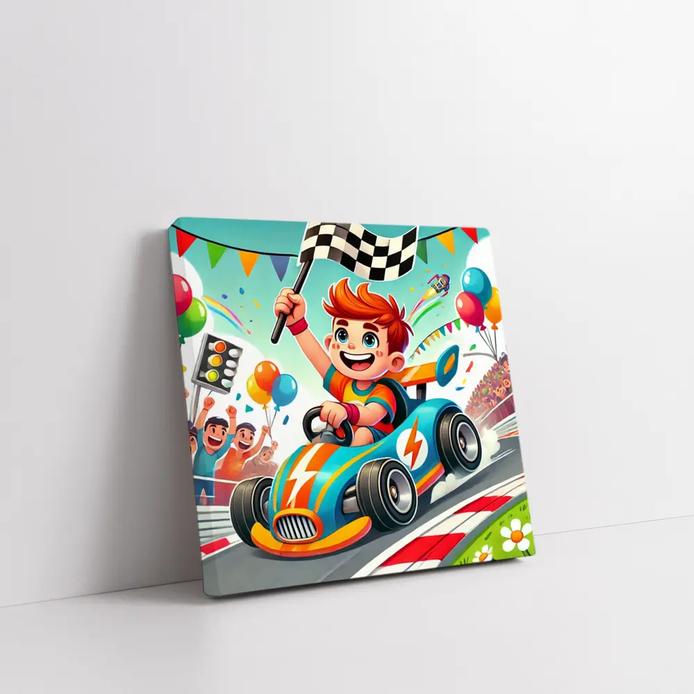 Cartoon Boy Racing Go Kart Checkered Flag – Wall Art