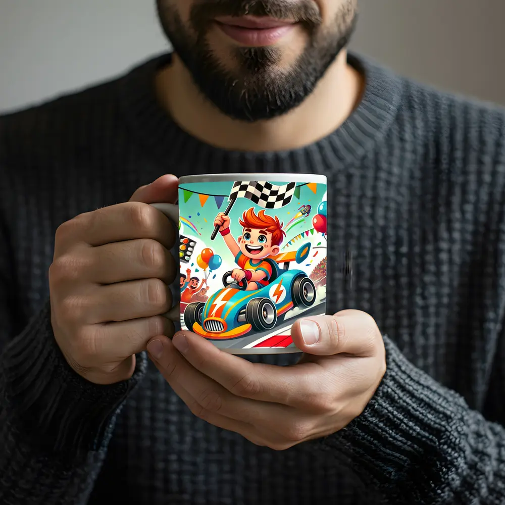 Cartoon Boy Racing Go Kart Checkered Flag – Mugs