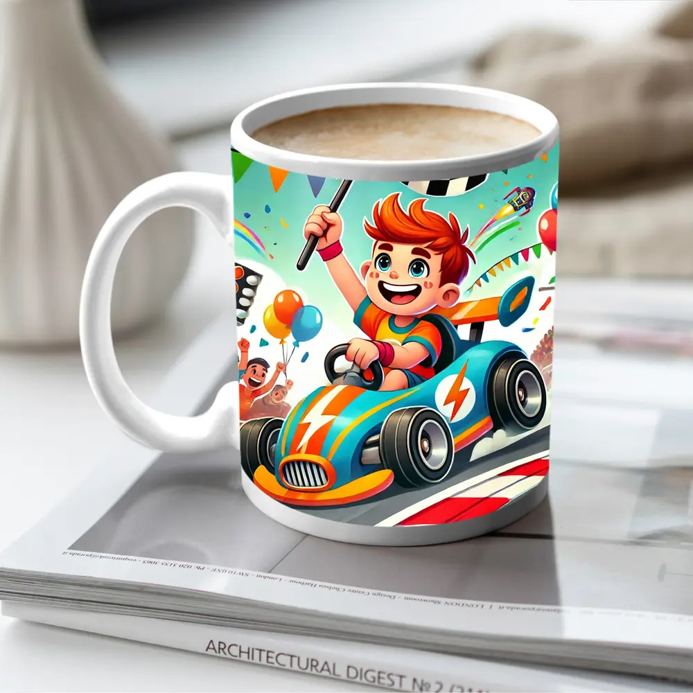 Cartoon Boy Racing Go Kart Checkered Flag – Mugs