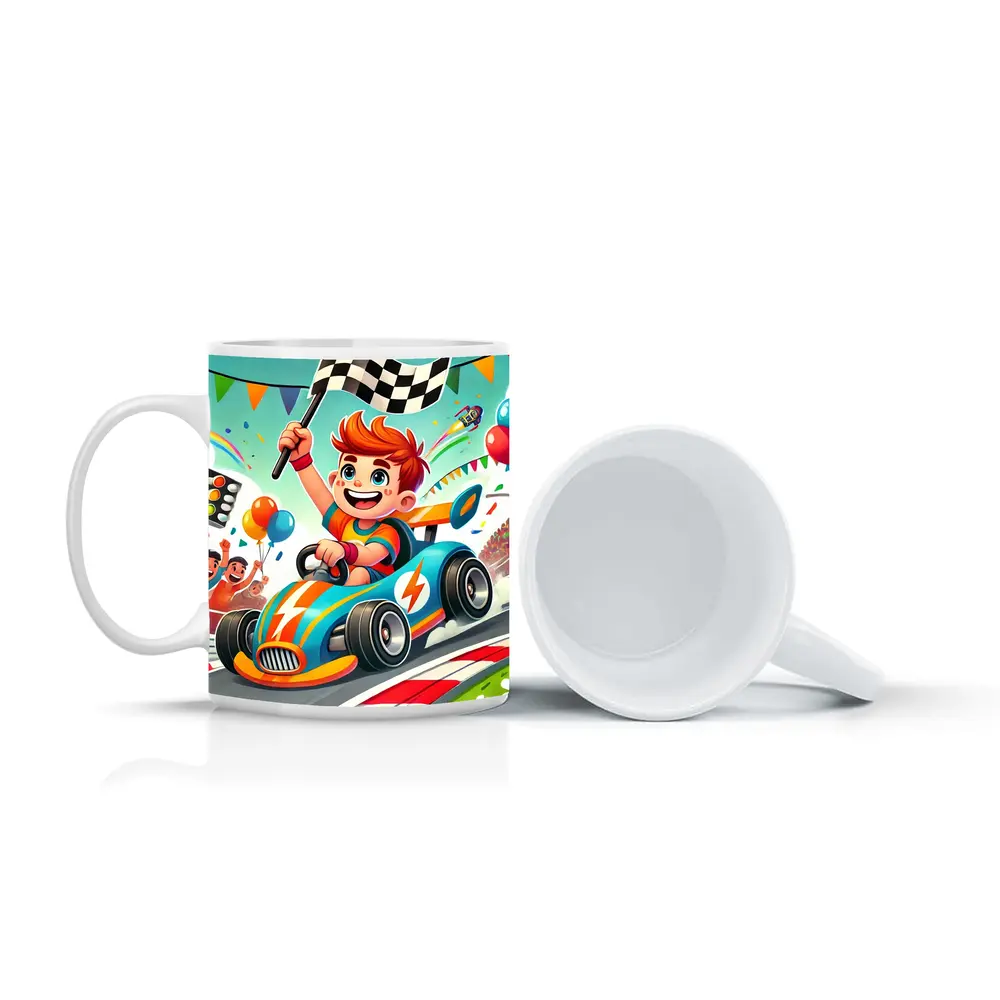Cartoon Boy Racing Go Kart Checkered Flag – Mugs