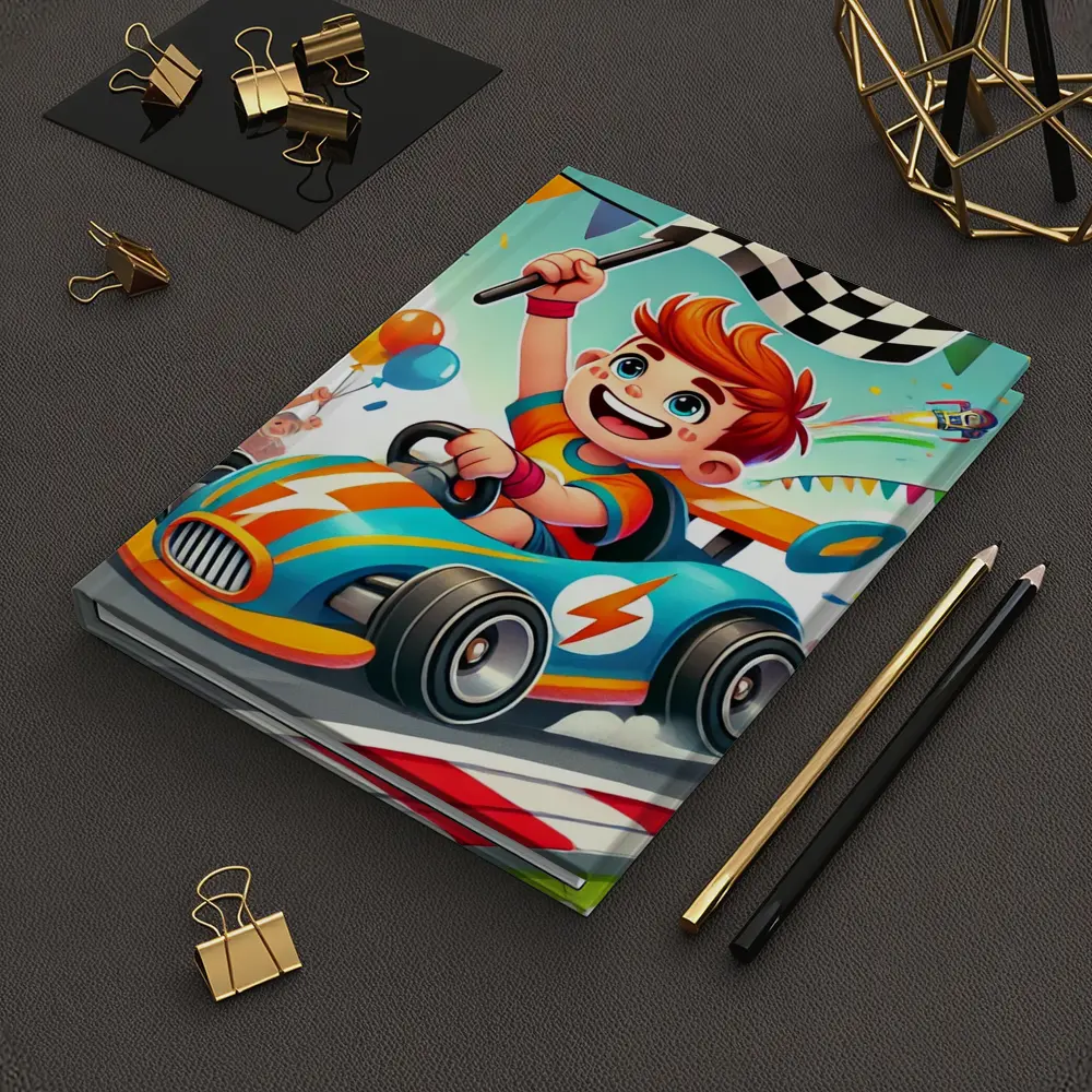 Cartoon Boy Racing Go Kart Checkered Flag – Notebooks