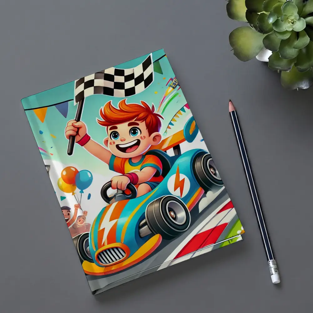 Cartoon Boy Racing Go Kart Checkered Flag – Notebooks