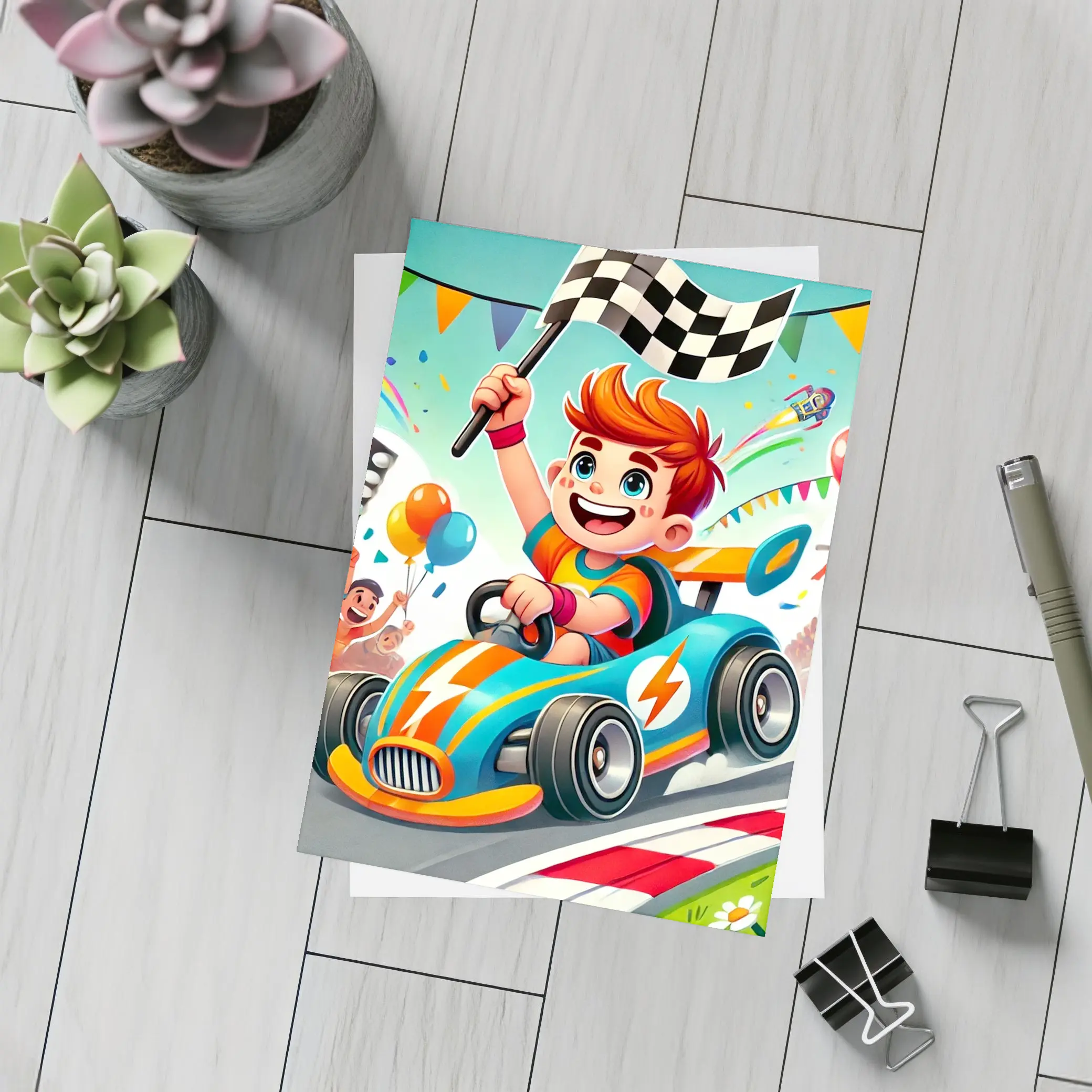 Cartoon Boy Racing Go Kart Checkered Flag – Postcards