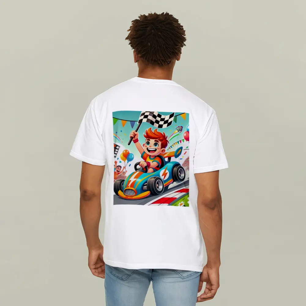 Cartoon Boy Racing Go Kart Checkered Flag – T-Shirts
